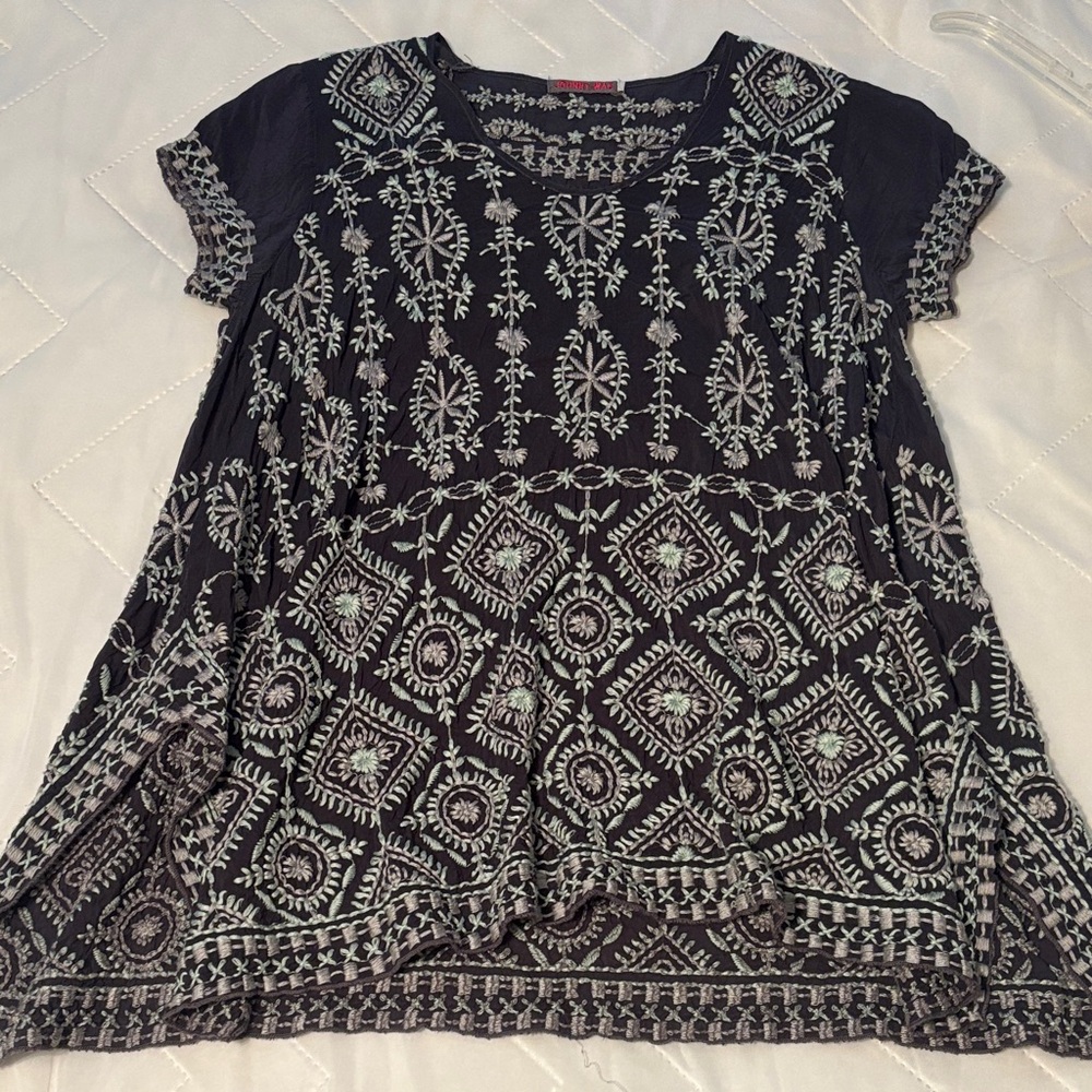 Johnny Was Navy and White Embroidered Blouse
